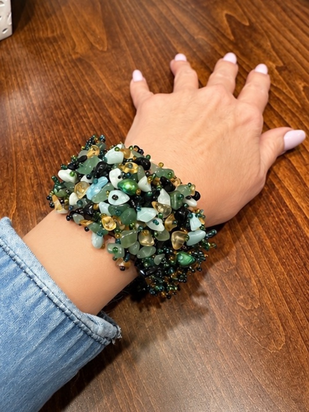 Green Multi-Stone + Seed beaded Stretch Bracelet